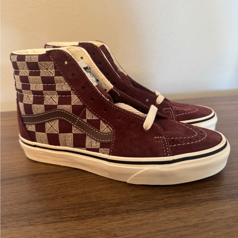 Vans Maroon and White Checkered High-Tops